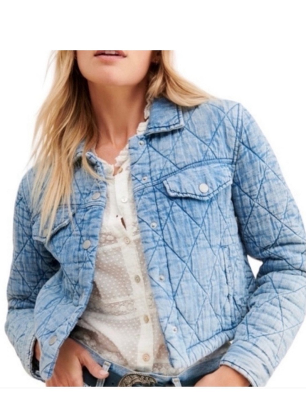 Blank NYC “Still Into You” Quilted Chambray Cropped jacket. Puffy. Boxy. SZ M